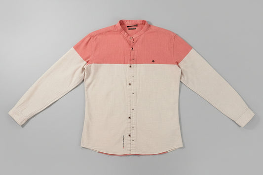 Zinc Men's Color-Block Mandarin Collar Large Shirt - Salmon Pink & Cream - Great Condition