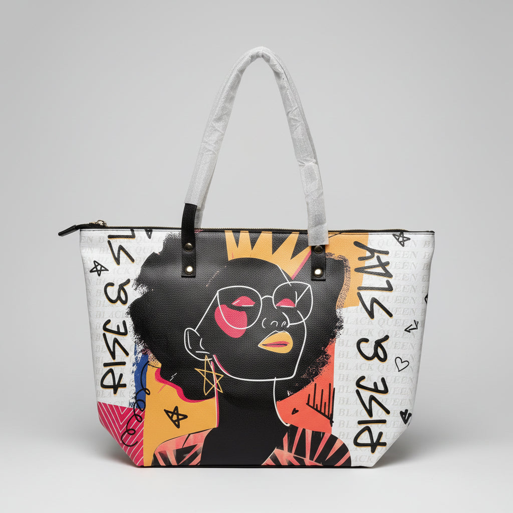 Handbag with artistic design of a face and text, held by a person indoors.