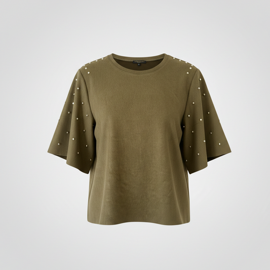 Alberto Makali Faux Suede Studded Flutter Sleeve Top Olive Green Size Large L