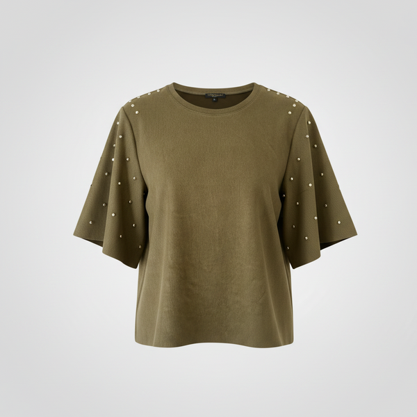 Alberto Makali Faux Suede Studded Flutter Sleeve Top Olive Green Size Large L