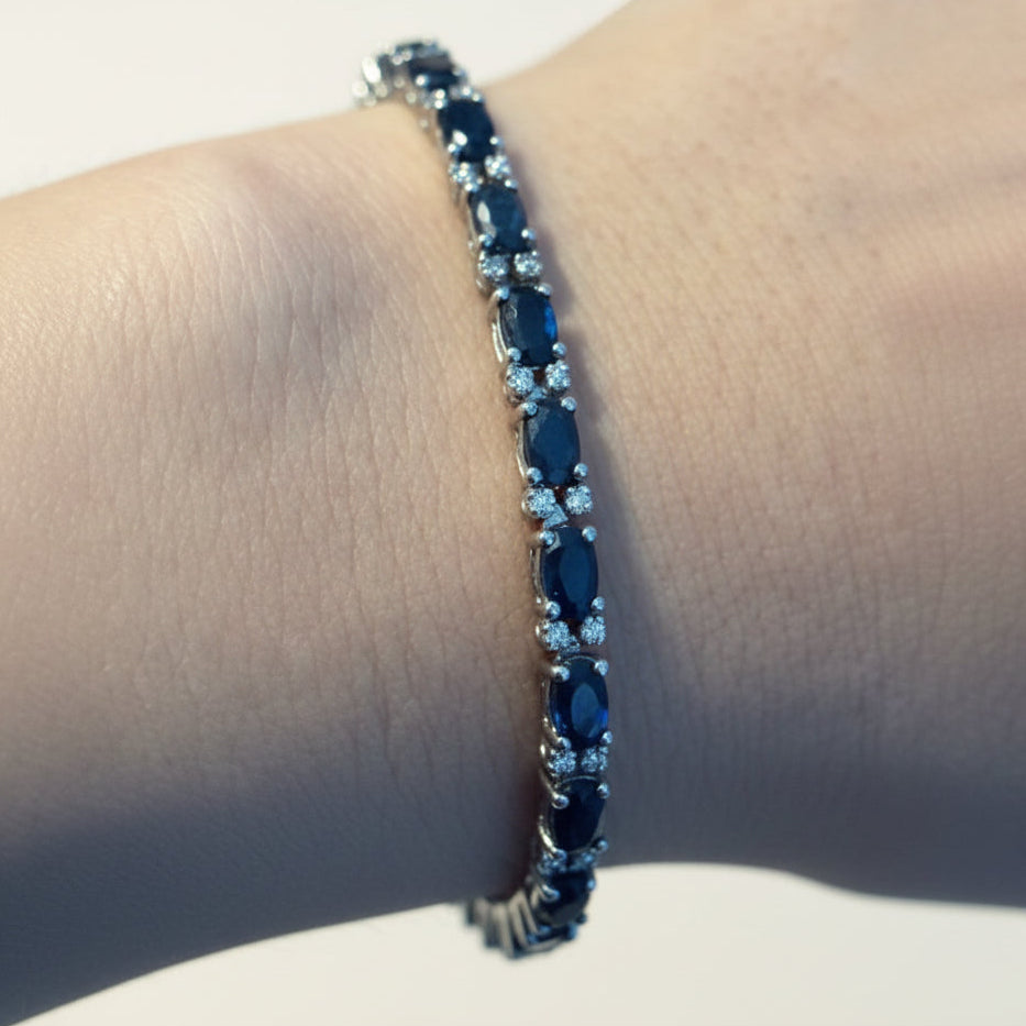 Vintage Natural Sapphire Diamond Oval Tennis Bracelet Silver 925 - 7” Circled M