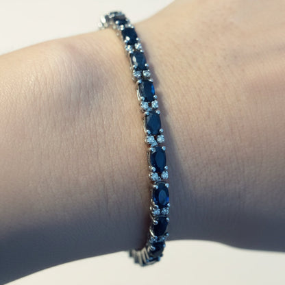 Vintage Natural Sapphire Diamond Oval Tennis Bracelet Silver 925 - 7” Circled M