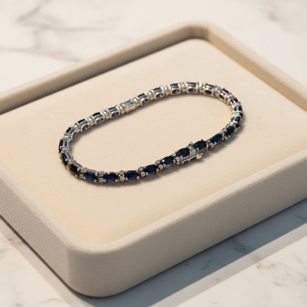 Vintage Natural Sapphire Diamond Oval Tennis Bracelet Silver 925 - 7” Circled M