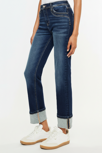 KanCan™ High Rise Seamed Pocket Cuffed Hem Straight Jeans