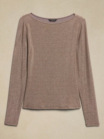 Banana Republic Sparkle Boatneck Top Metallic Silver Black Small