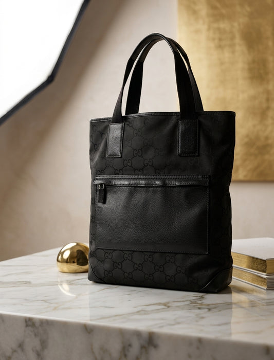 Authentic Gucci GG Canvas Tall Tote Bag Black Monogram 180450 Zip Pocket Vintage