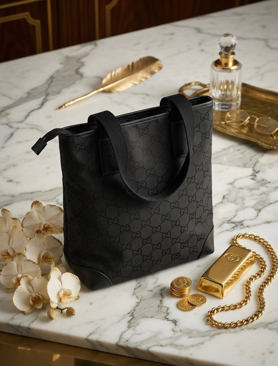 Authentic Gucci GG Canvas Tall Tote Bag Black Monogram 180450 Zip Pocket Vintage