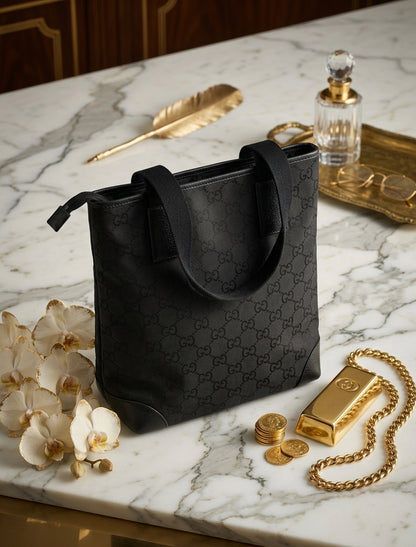 Authentic Gucci GG Canvas Tall Tote Bag Black Monogram 180450 Zip Pocket Vintage