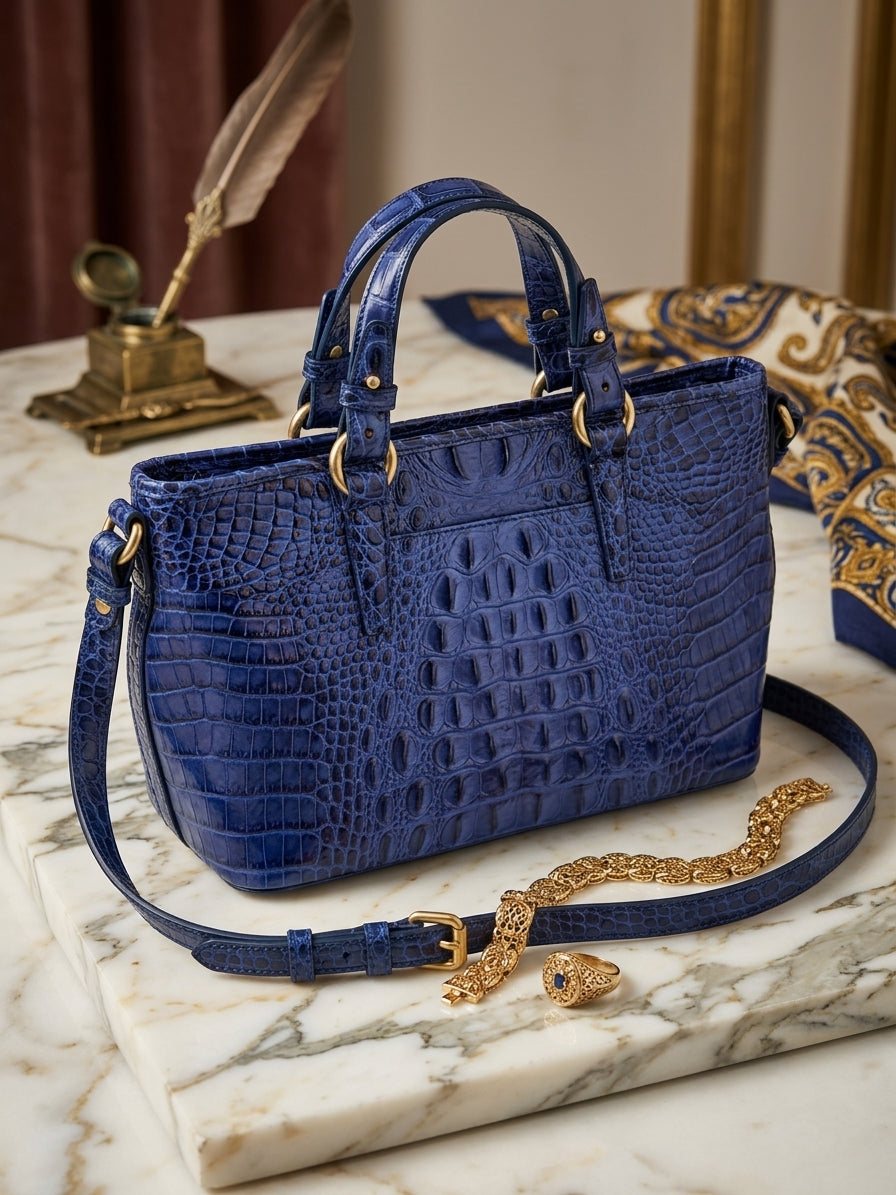 Brahmin Mini Asher Satchel Blue Croc Embossed Handbag